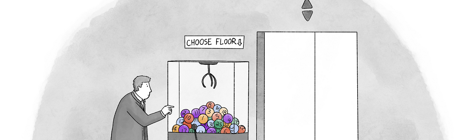 A cartoon of a person using a claw machine to use an elevator