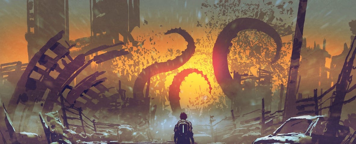 Image: An all-too-small human stands with their back to us, facing down massive tentacles destroy their city.