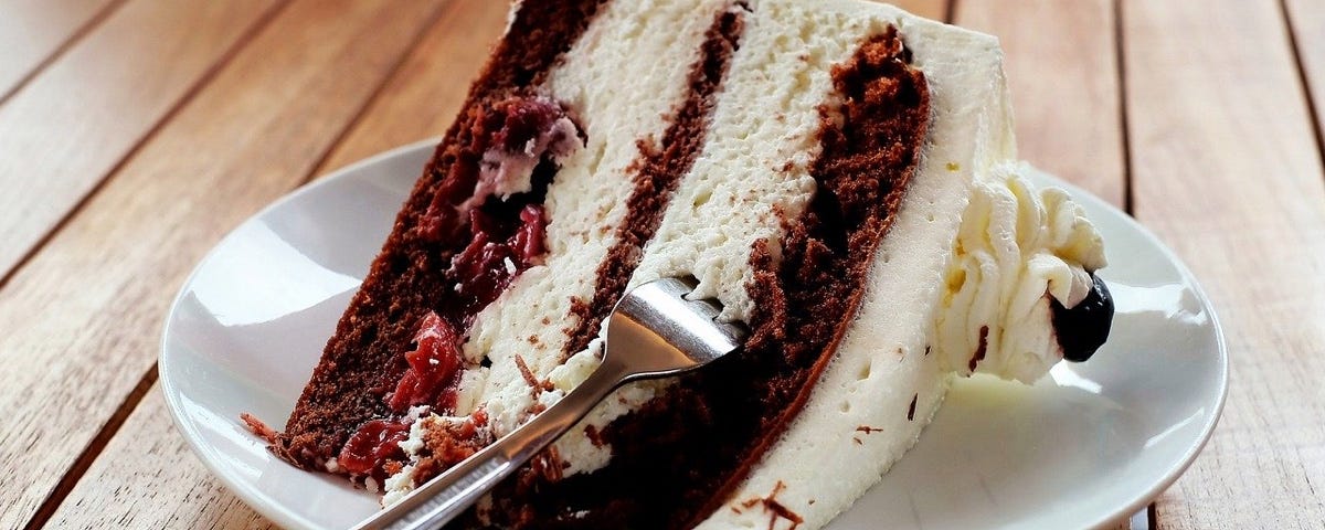 Image: A slice of delicious-looking cake on a plate.