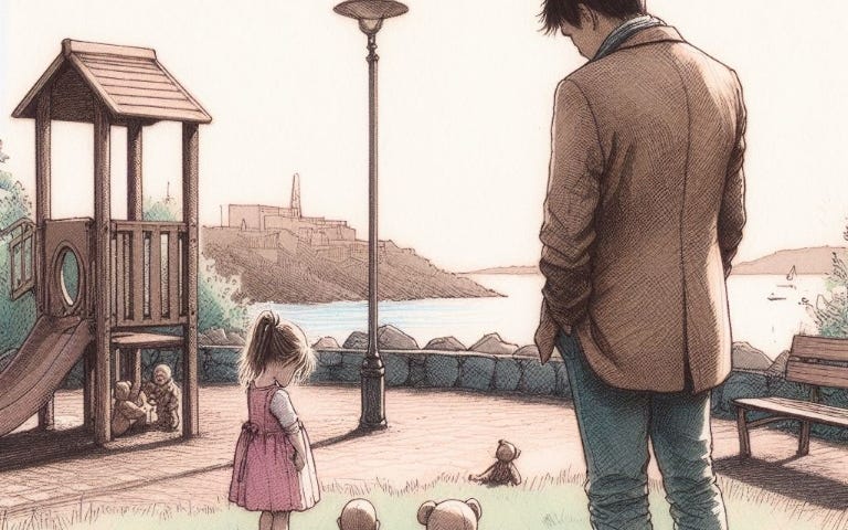 A pen and watercolor image. Subtle colors. Setting is a Children’s playground next to a lake. A little girl is playing with her dolls on the grass. Her father is standing nearby with his hands in his pockets, looking sad.