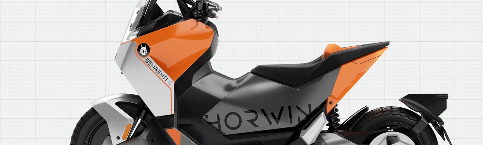 A side-view of Horwin’s Senmenti 0 electric motorcycle/scooter in orange and black.