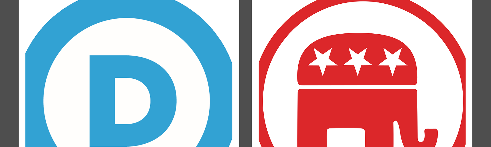 A constructed image, of our two political party logos; the BLUE ‘circle D’ on the left, and the RED ‘starred elephant’ on the right. Bounded in a grey frame.