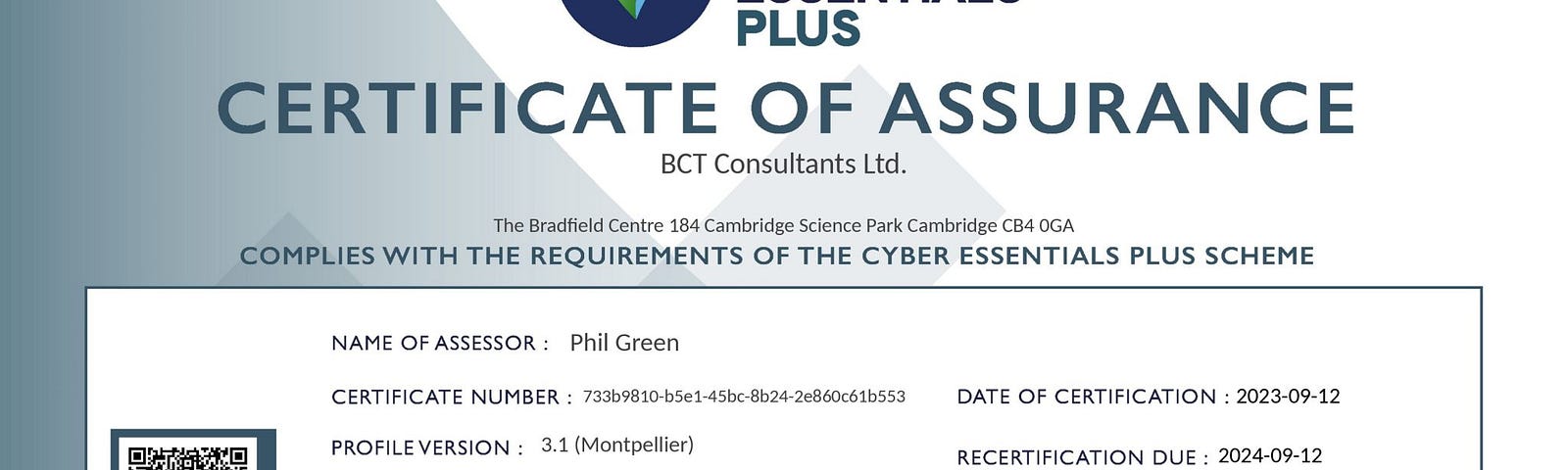 Certificate of Assurance — Cyber Essentials Plus