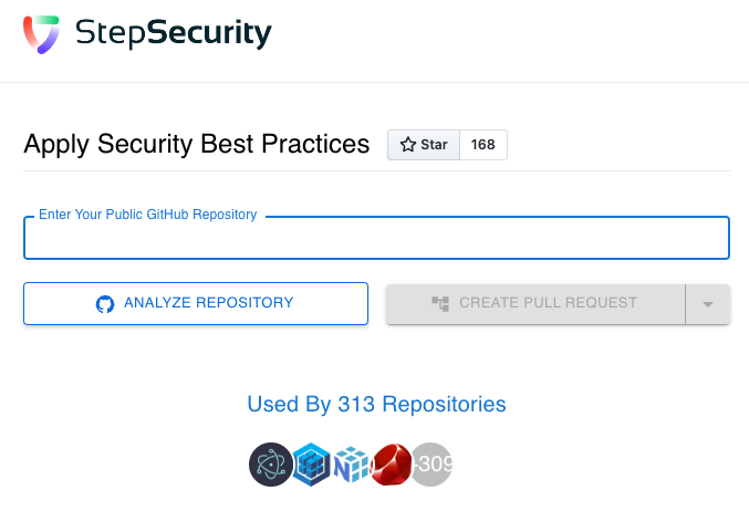StepSecurity UI to analyze a repository and apply best practices using a pull request