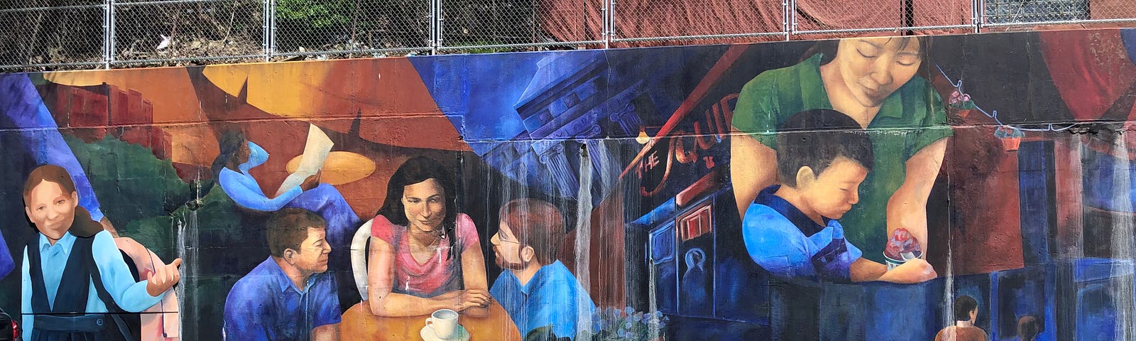 Mural depicting a girl walking to school, people sitting at a table in a coffee shop, and a woman and her son eating Italian ice