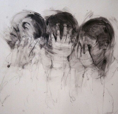 The artwork depicts three figures with their faces obscured by their hands, conveying a sense of despair or emotional struggle.