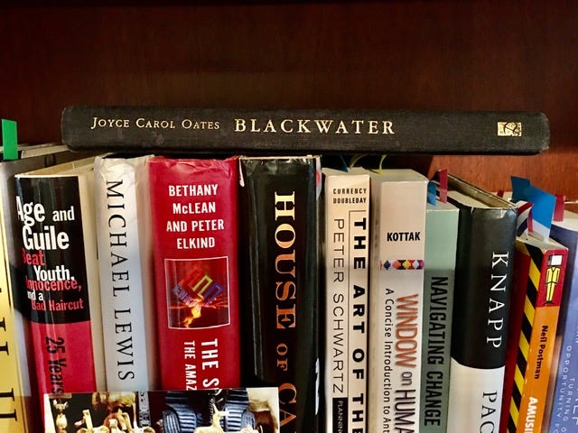 Author’s photo of a bookshelf with the book Blackwater displayed