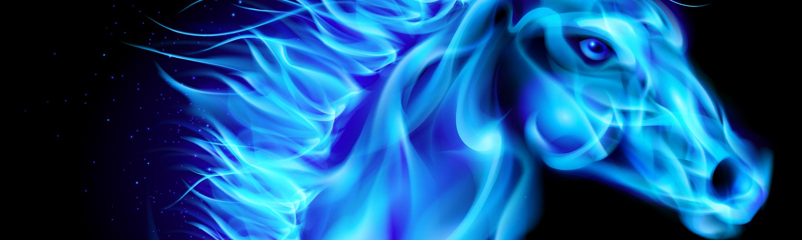 A horse made of blue flames against a black background. It looks eerie and cool at the same time.