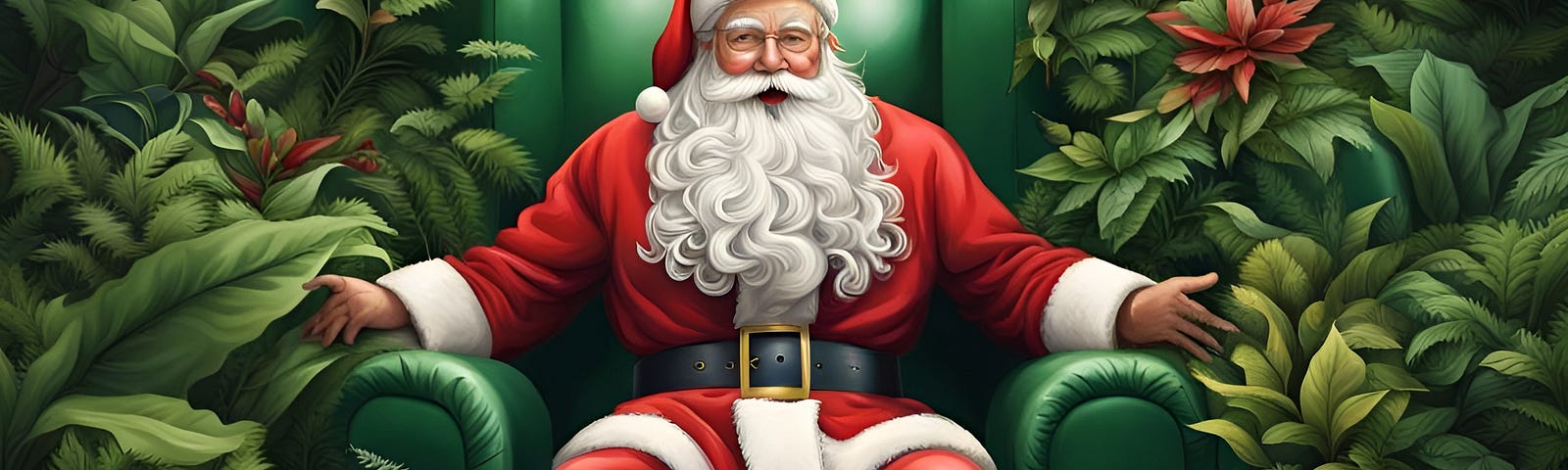 Cartoon of Santa Claus sitting in a green chair surrounded by earth-friendly jungle plants