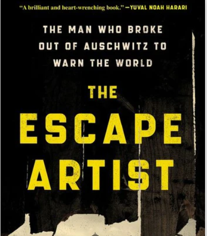 Cover of the book, The Escape Artist, by Jonathan Freedland, showing the rails leading into Auschwitz