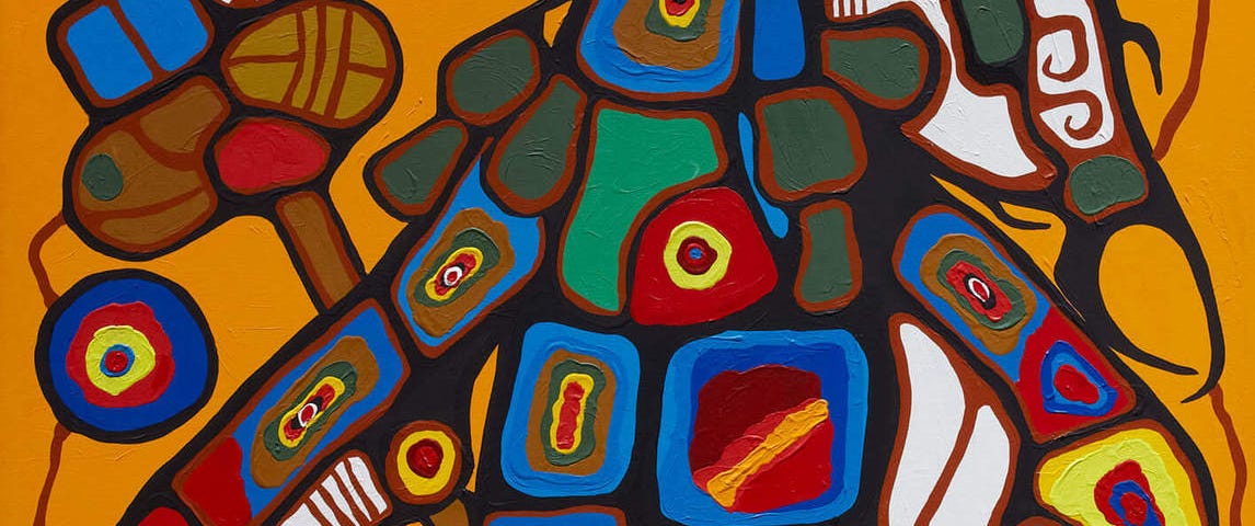 Norval Morrisseau, Man Changing into Thunderbird, 1977 (one of six panels), acrylic on canvas, 153.5 x 125.7 cm, private collection