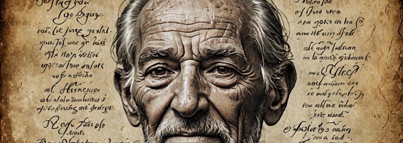 Old man’s head on background of printed material