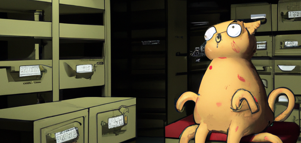 Decorative cartoon of cat with octopus tentacles surrounded by many filing cabinets