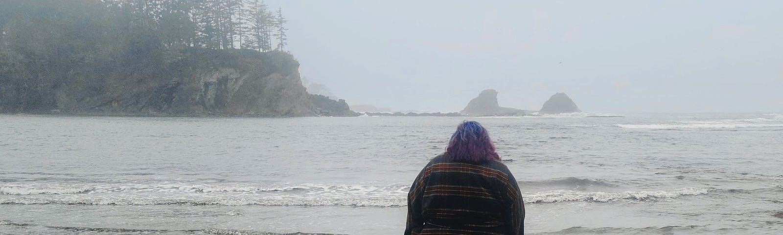 person standing on the seashore on a grey day
