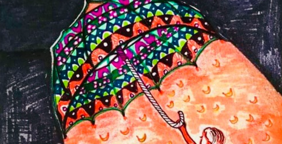 Artwork with a girl holding an umbrella with holes and the shadows forming in crescent suns .