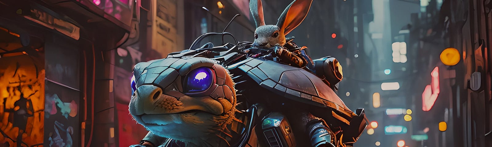 Picture of a rabbit riding a robot turtle as if in a race.