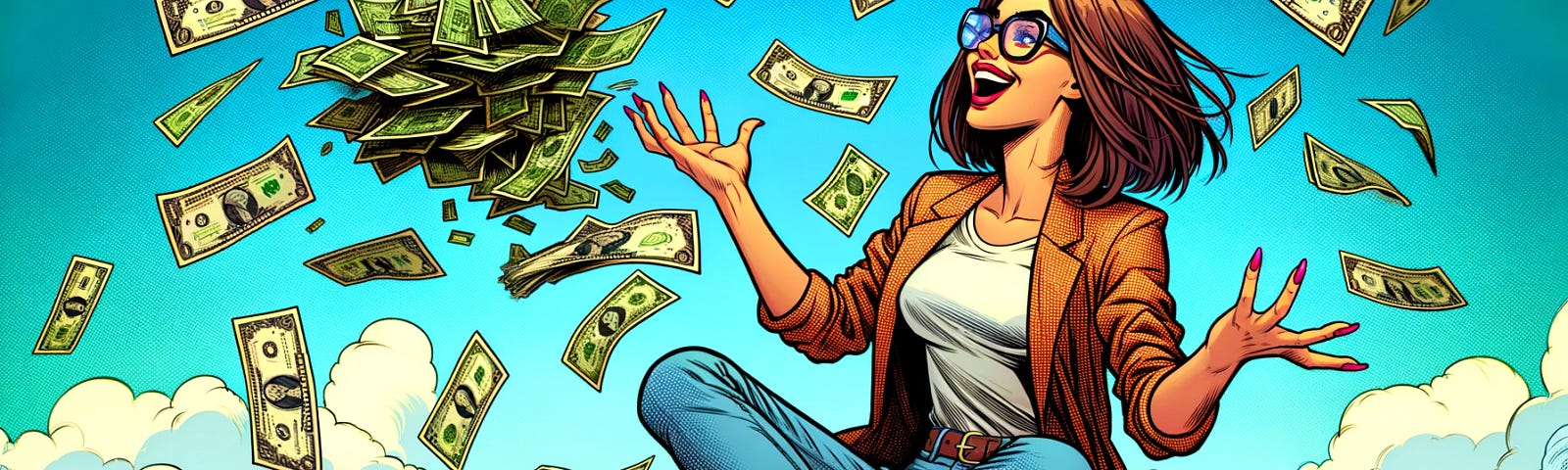An AI image of a girl sitting on a mound of money, throwing it in the air