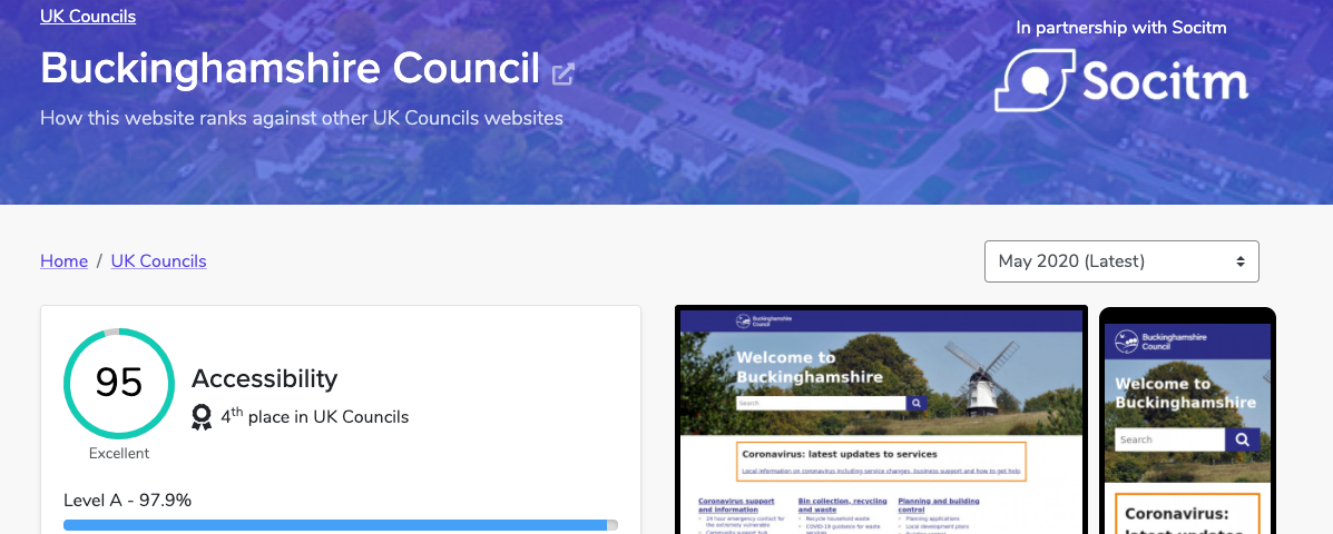 Screenshot of Socitm and Silktide Index showing the Buckinghamshire website as 4th placed in the index of UK councils