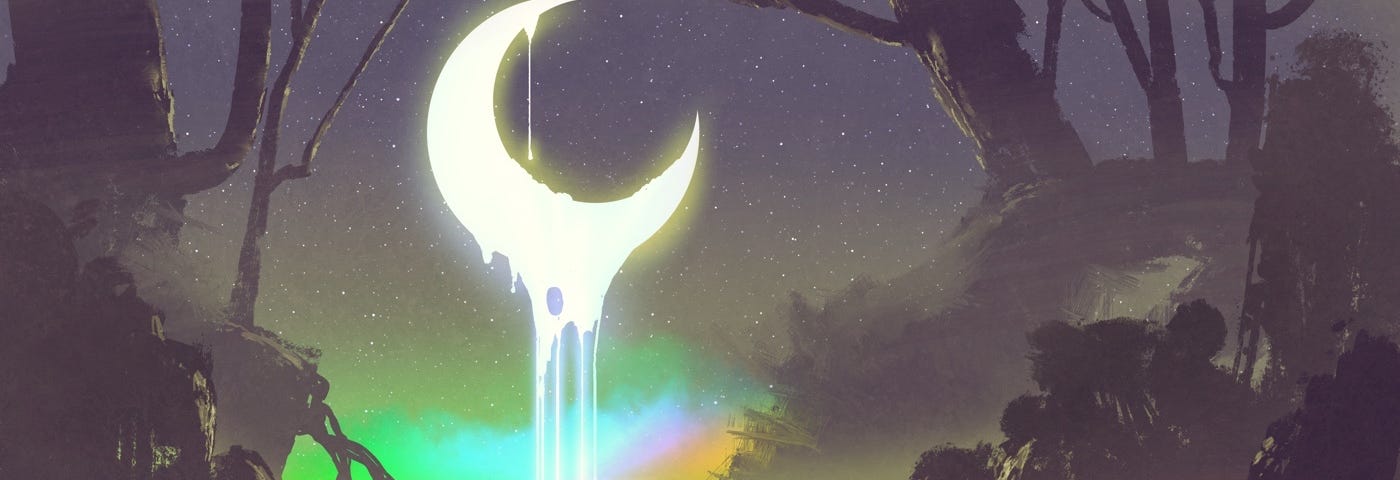 Image: A crescent moon dripping like paint into a colorful stream.