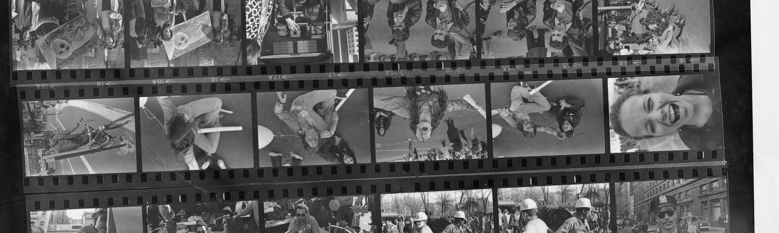 A contact sheet of photos of protestors and marchers at New York City’s first Earth Day event in 1970. Photos by Dan Jaffe