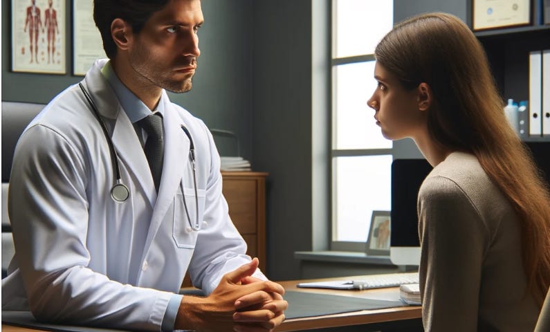 A serious-looking doctor apparently delivering bad news to a worried patient