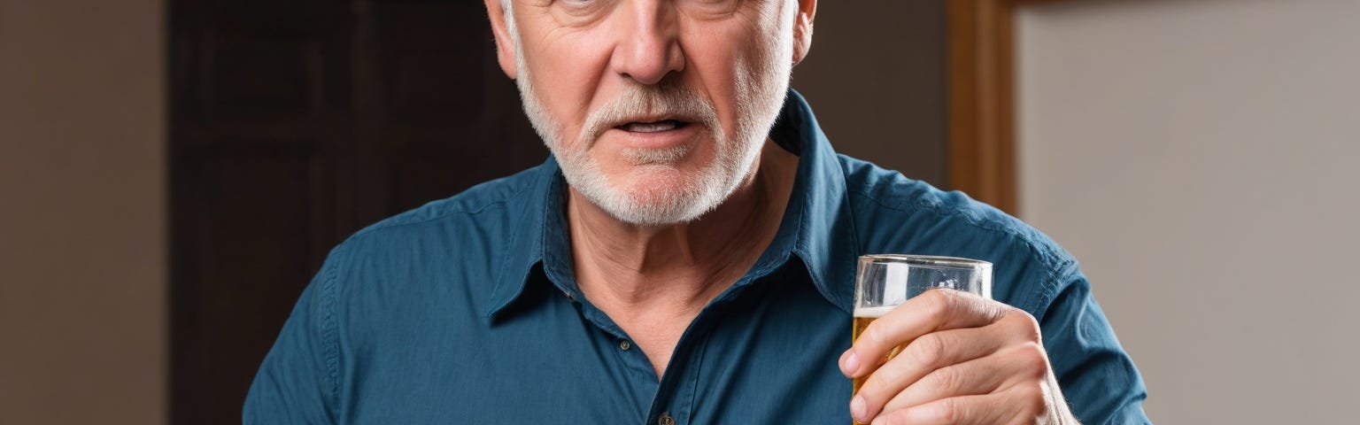 Angry older man with two beers in his hand