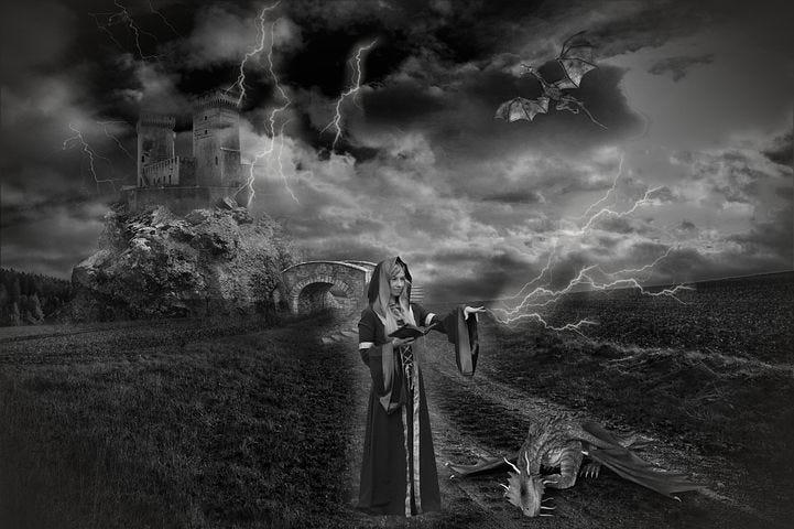 A women casting lightening into stormy skies as her dragons stay near her for protection.