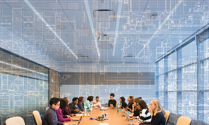 A group of people around a large conference table with digital illustrations of their environment surrounding them.