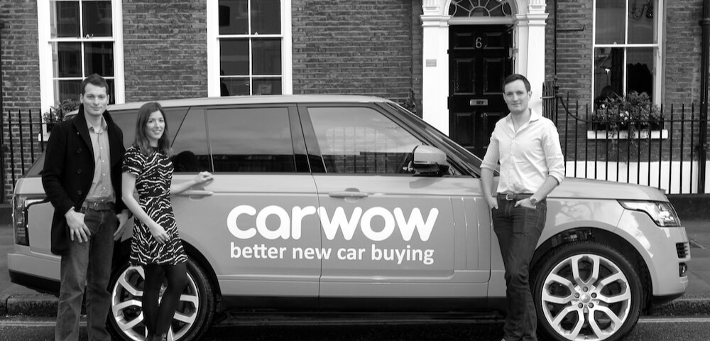 Black and white photo of David, Alex and James; Carwow’s co-founders