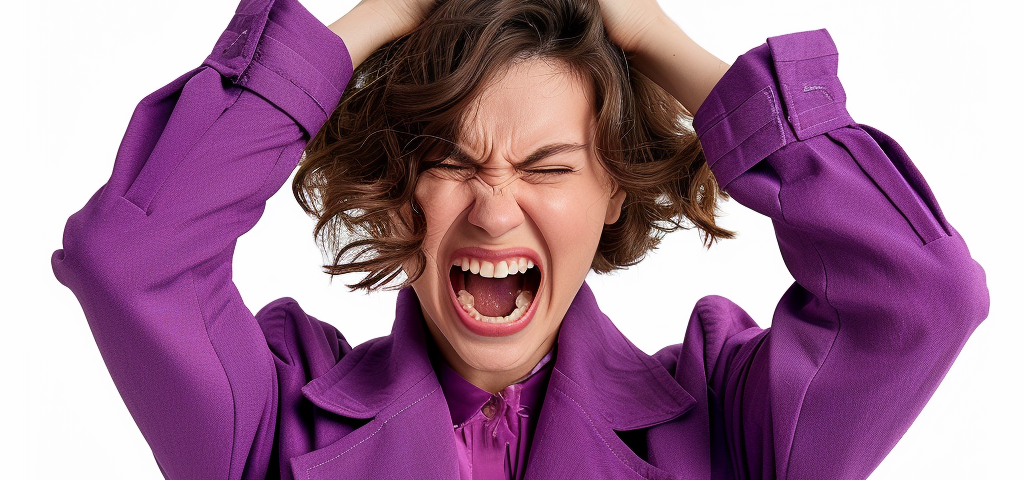 Woman in a purple outfit. She’s holding her hands on her head and screaming due to frustration.