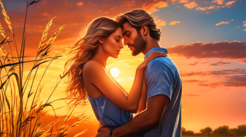 A man and a woman embracing intense romantic sunset.
