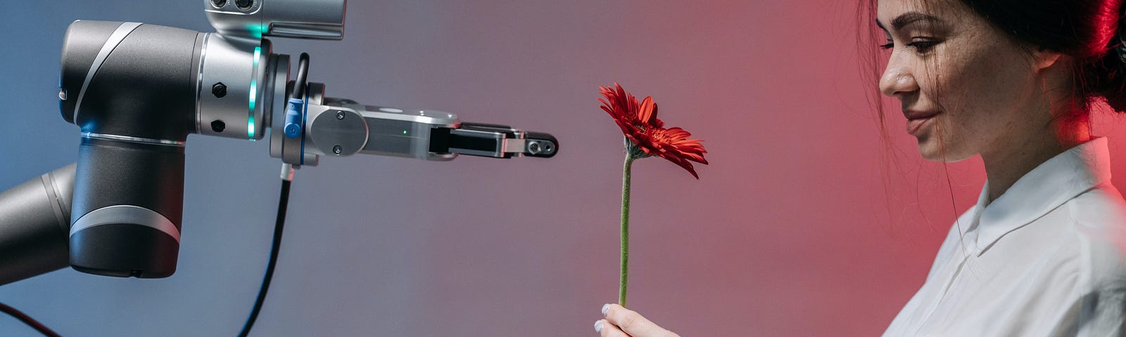 Robot giving a red rose to a woman with dark hair