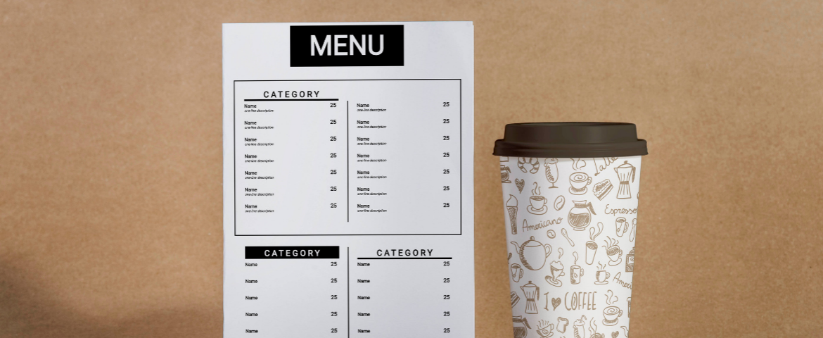 A simple restaurant menu template and a paper cup