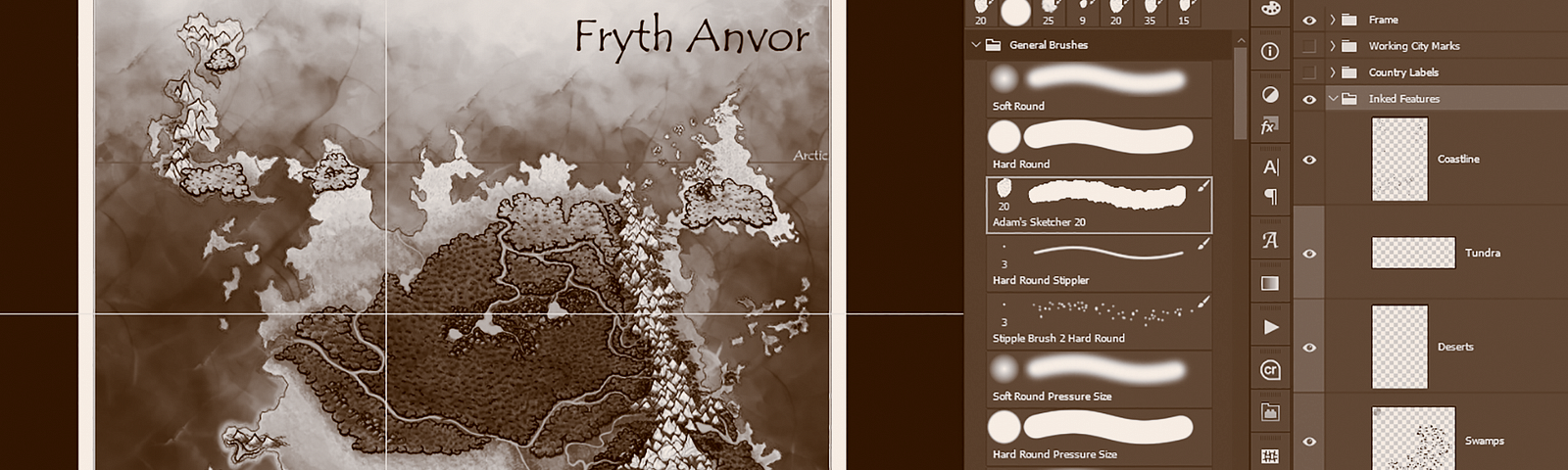 Screenshot of the photoshop file being worked on for the world map of Fryth Anvor. Personal screenshot. Personal photoshop digital painting.