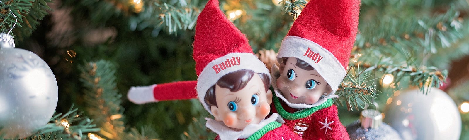 Two elves called Buddy and Judy in a Christmas tree dressed in matching Christmas jumpers