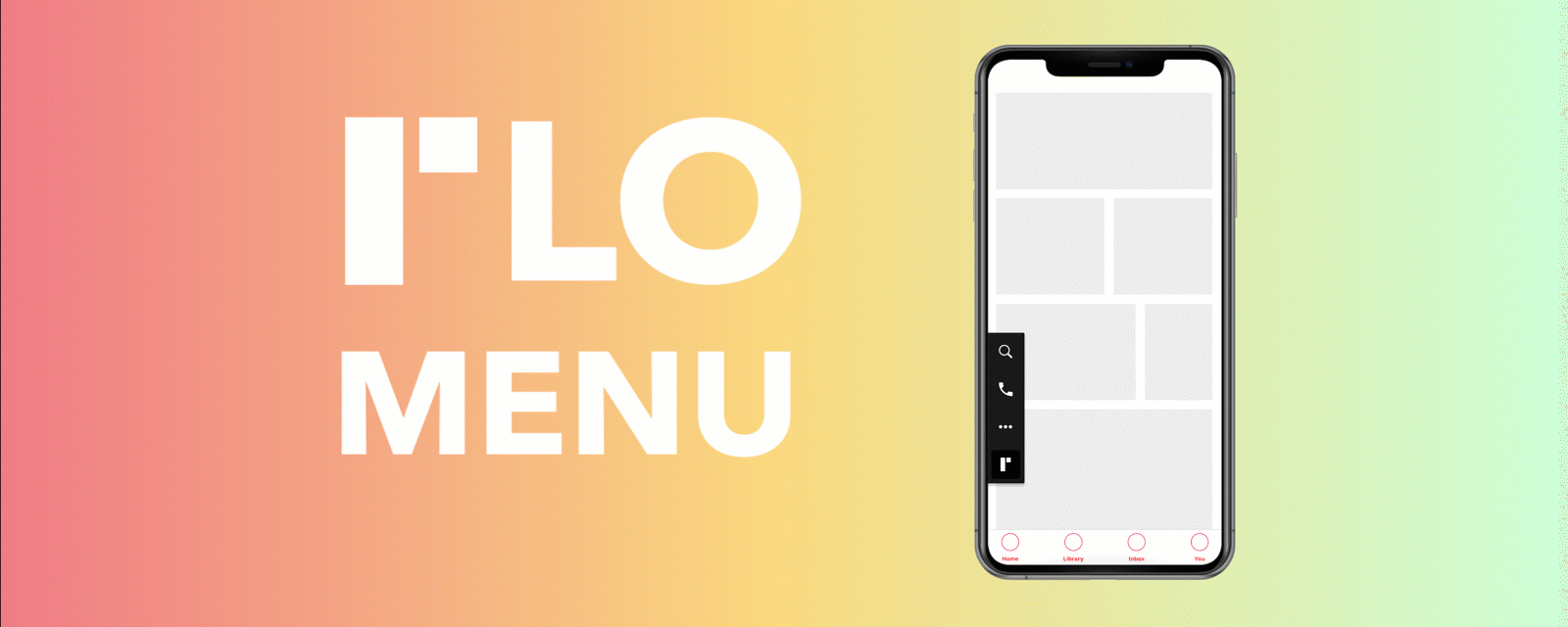 A mobile screen mockup shows a prototype of the flo menu.
