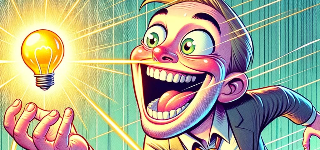 A cartoon man in a suit looking at a shiny lightbulb