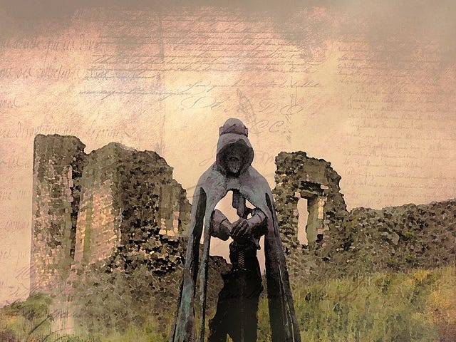 A statue of King Arthur, missing its center, stands in front of a ruined castle