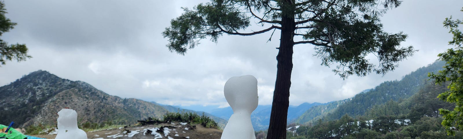 picnic table with 2 little snowmen on top, pine tree