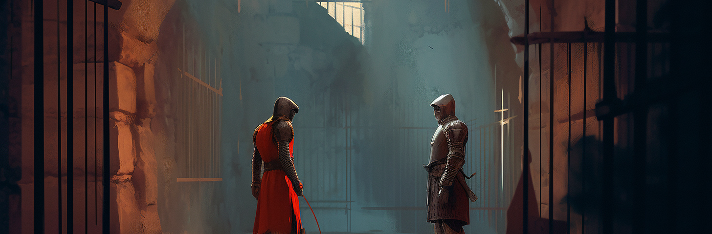 A guard and the protagonist talking in a prison cell