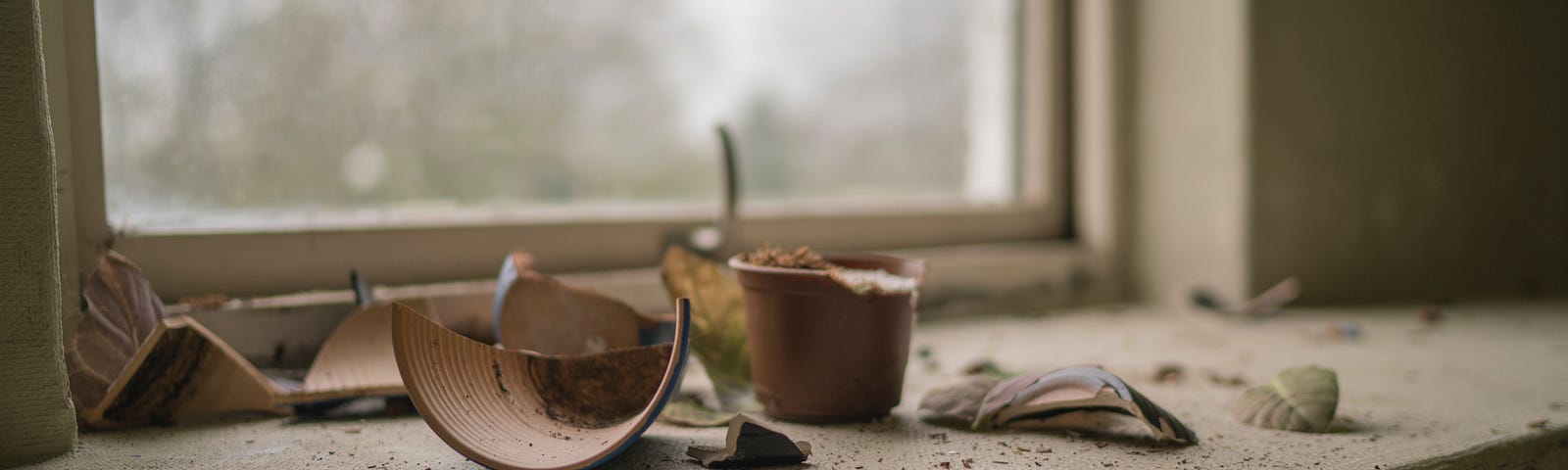 a broken pot in a window sill. Image credits: Unsplash