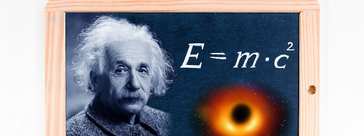 Wooden frame with the portrait of Albert Einstein, his famous E = mc² equation and the image of a black hole.