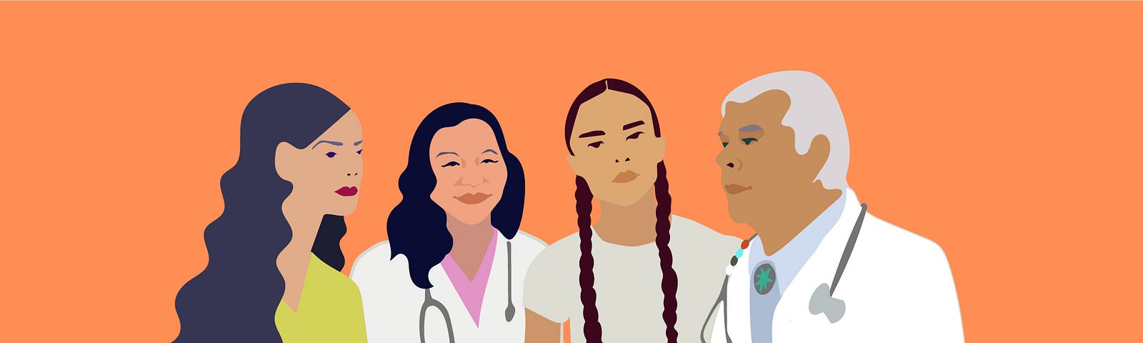 Illustration of four American Indian and Alaska Native doctors and patients.