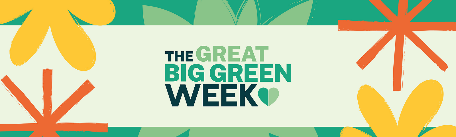 ‘The Great Big Green Week’ written next to the logo of a green heart. One half of the heart is dark green and the other is light green. The writing is surrounded by a green boarder with graphics of orange and yellow flowers.