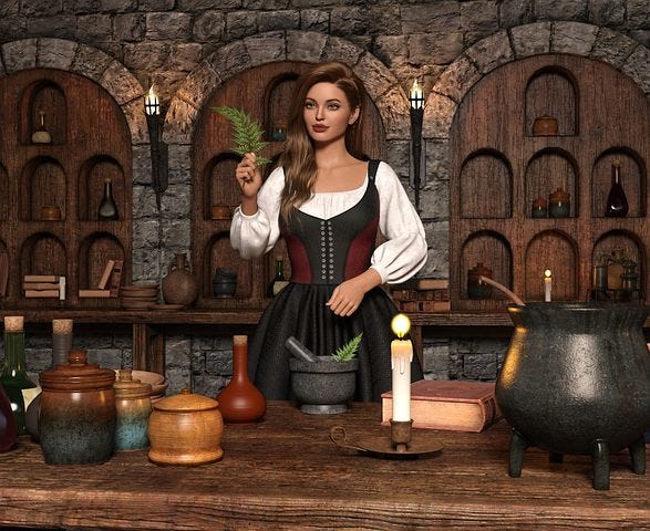 Female Apothecary Owner standing at the counter with her portions on display, behind her and in front of her, on the counter