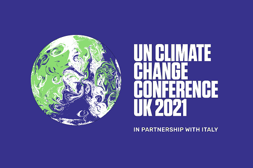 UN climate change conference UK 2021 in partnership with Italy written to the left of an abstract picture of a green, white and purple planet Earth.