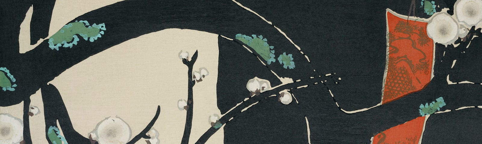 Traditional Japanese print of black tree brancing in downward curve with white blossom and red o-mikuji tied to branch.