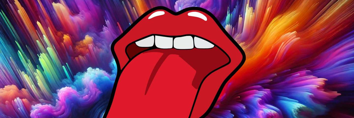 A Pop Art image of an open mouth and tongue on a colorful background