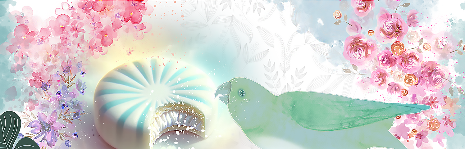 A beautiful collage in turquoises and pinks, flowers surround a glistening white peppermint pattie with a turquoise sunburst. A teal-colored parrot is leaning towards it. It looks like it want to take a taste.