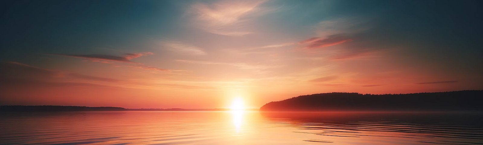 Serene sunrise over a calm lake with a vibrant display of orange, pink, and blue gradients in the sky. The sun is just above the horizon, casting a warm glow and reflecting on the smooth water surface. A distant treeline outlines the quiet and tranquil scene, ideal for contemplation.